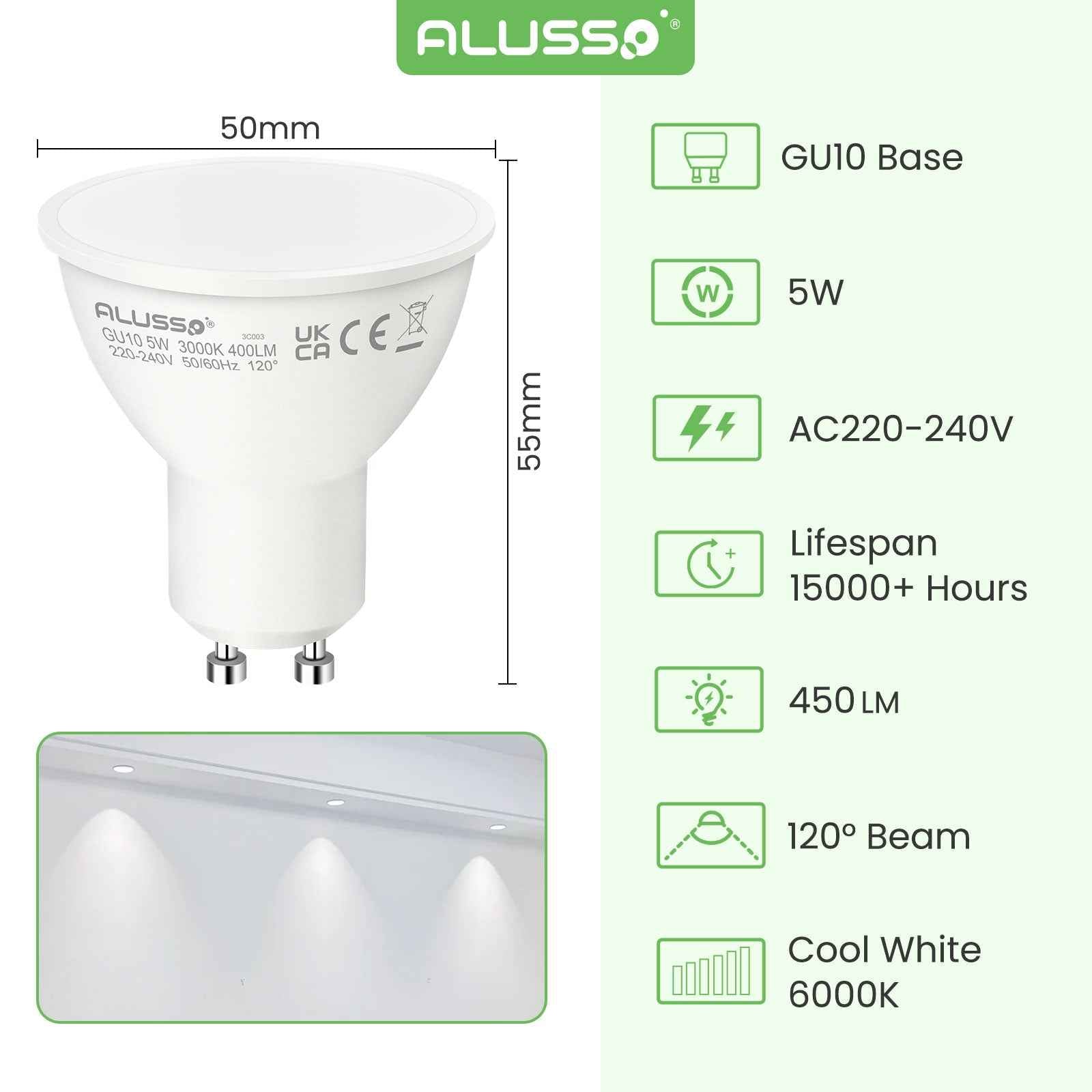5W 7W GU10 LED Spotlight Bulb 3000K/6000K, 120° Beam Angle, 4/10 Pack - ALUSSO LIGHTING