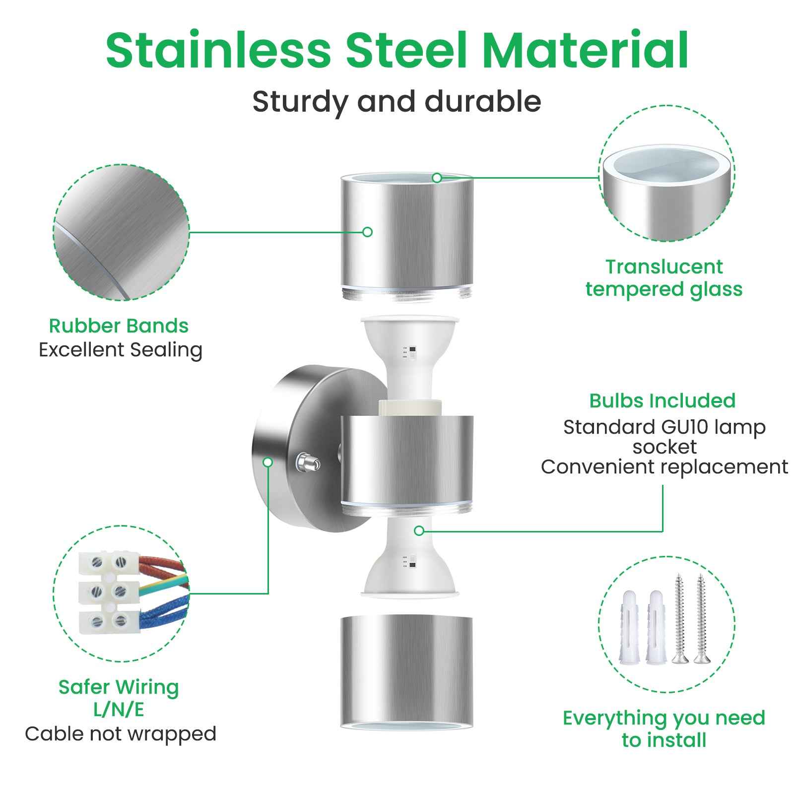 8W 750LM Outdoor Stainless Steel Up Down Wall Light IP65, 3000K/4000K/6000K, Silver - ALUSSO LIGHTING