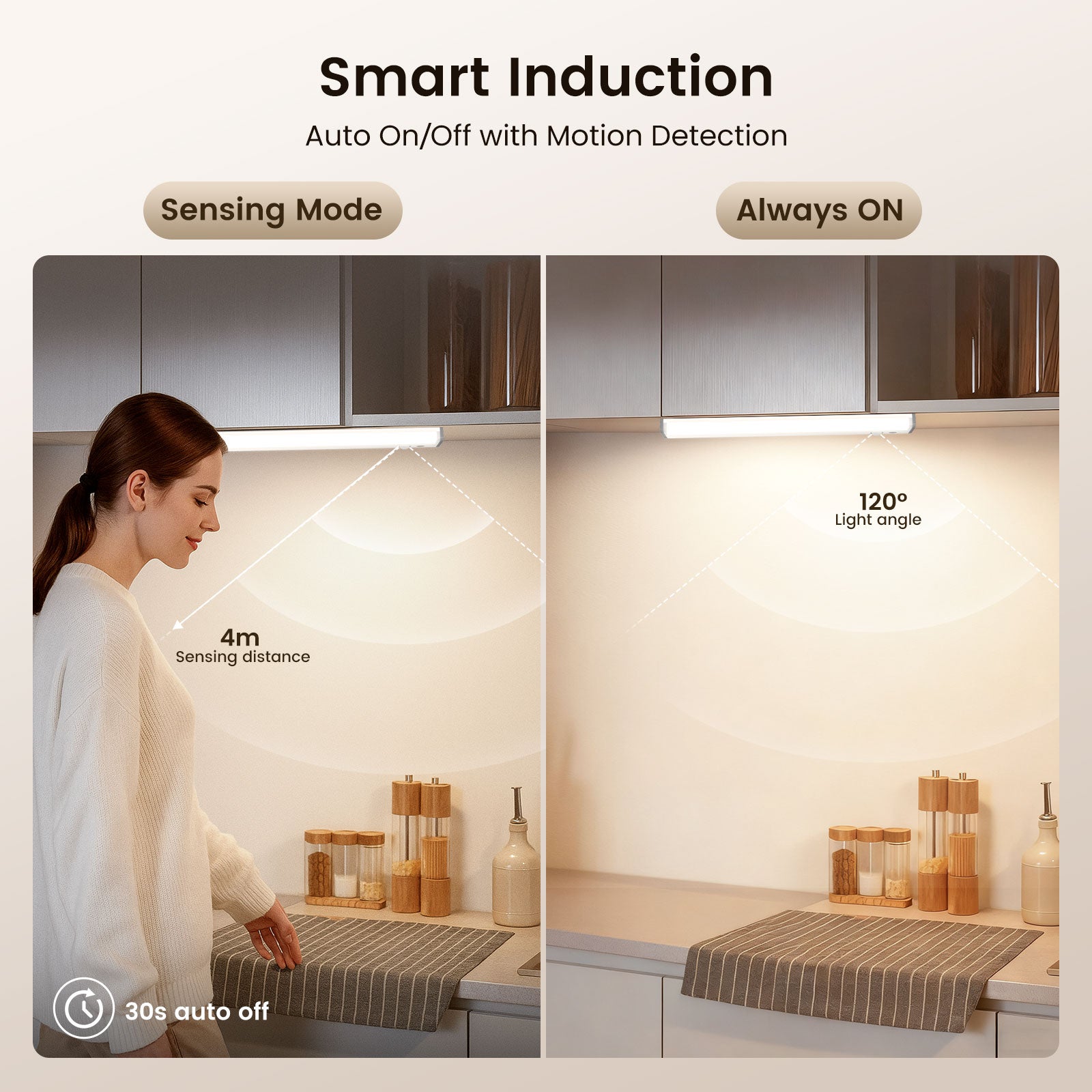 ALUSSO LED Under Cabinet Lights with Motion Sensor, Brightness and Color Temperature Control (3000K/4000K/6500K), 30cm USB Rechargeable Night Light for Stairs, Bedroom, 2 Pack
