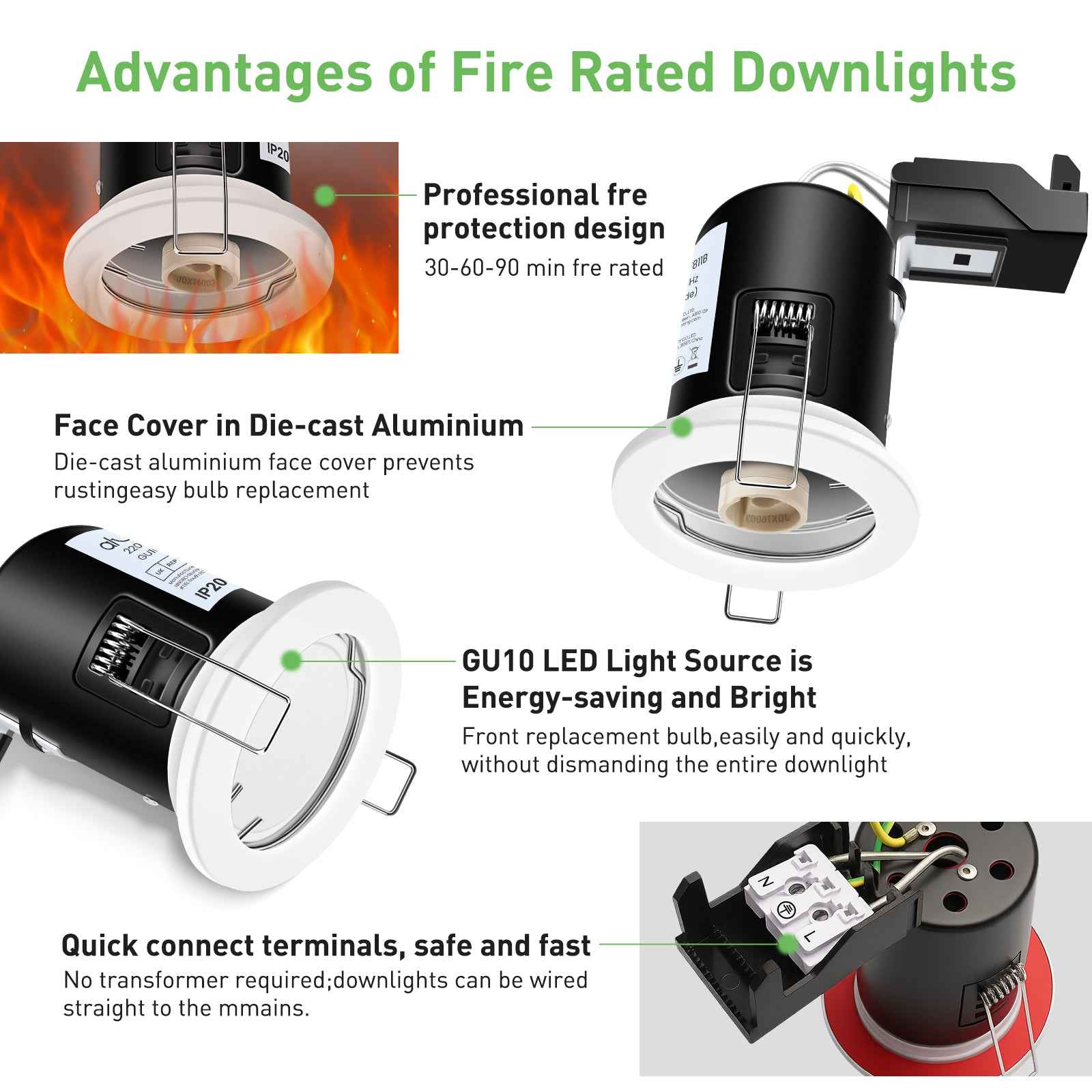 10x 65mm Recessed Fire Rated Ceiling Downlights LED GU10 Spotlights Downlighters - ALUSSO LIGHTING