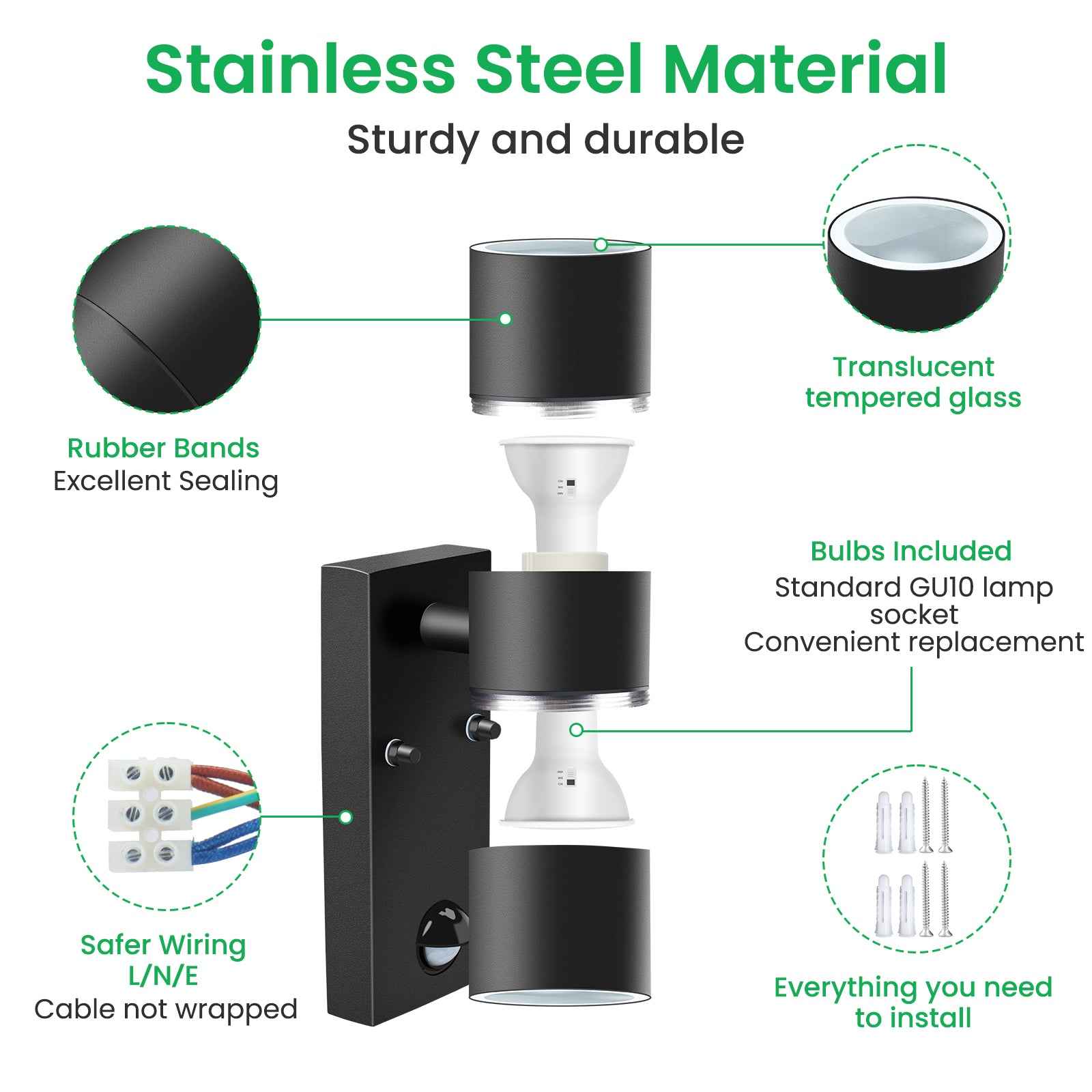 Up Down Wall Light with PIR Motion Sensor Stainless Steel IP65, 3000K/4000K/6000K, Black - ALUSSO LIGHTING