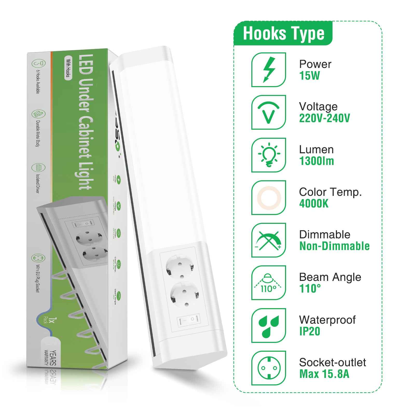 30'' LED Under-Cabinet Light EU Sockets 15W 4000K Ceiling Lamp With 6 Hooks Under Cabinet