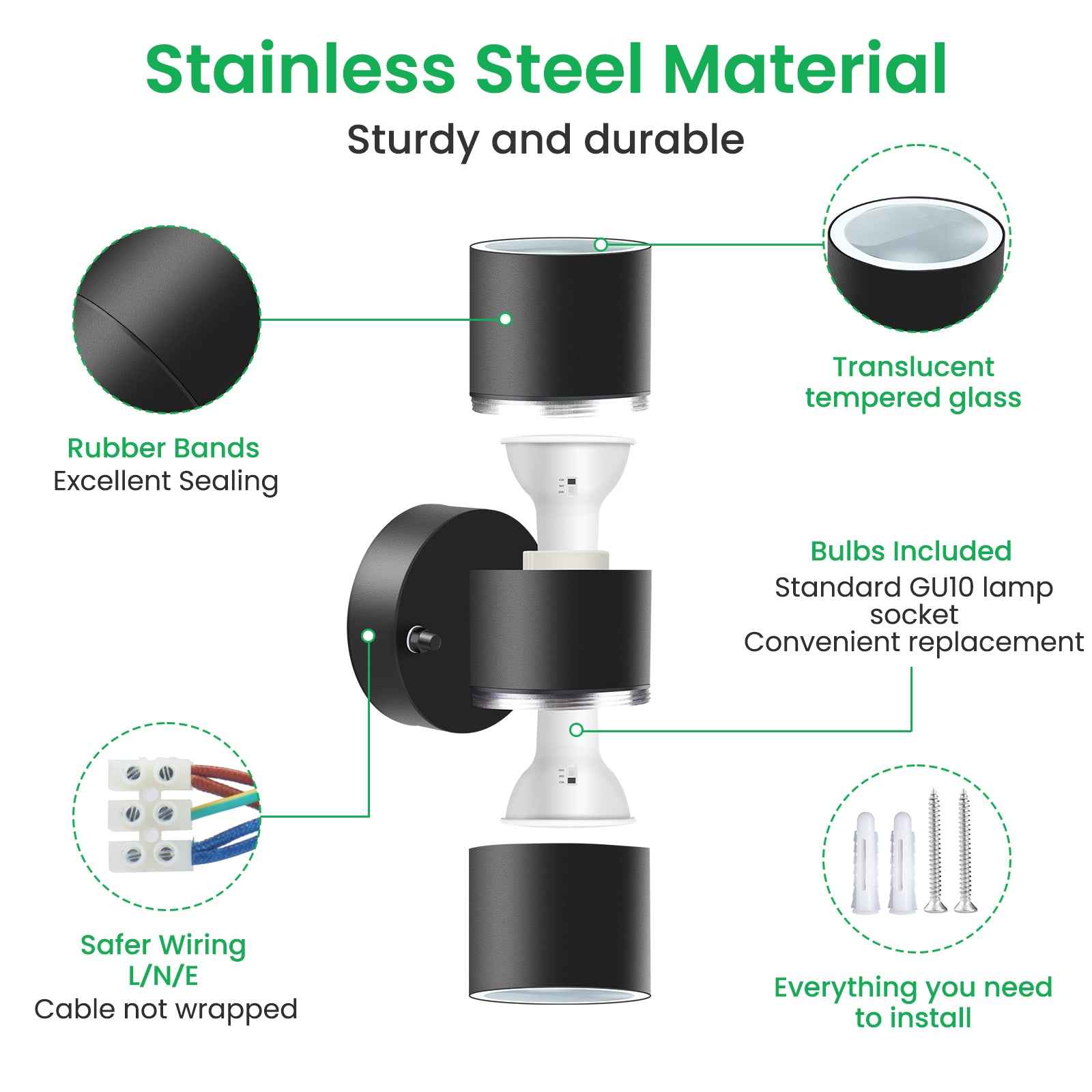 8W 750LM Outdoor Stainless Steel Up Down Wall Light IP65, 3000K/4000K/6000K, Black - ALUSSO LIGHTING