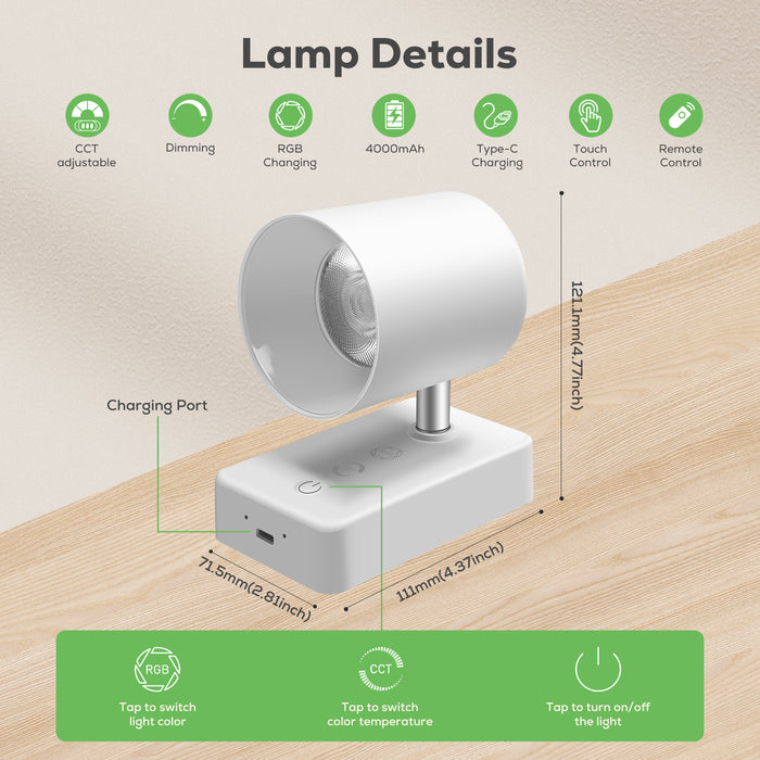 Dimmable LED wall lamp RGBCW wall light Touch reading lamp Night light USB rechargeable