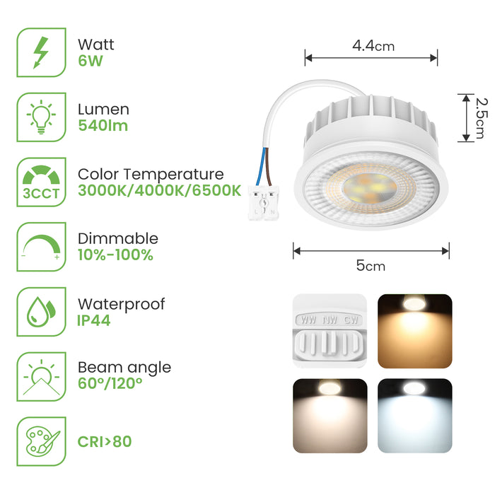 6W ∅50mm LED Module Replacement for GU10 MR16, Tri-Color, Dimmable, 60°/120° Beam Angle, IP44, 6 PACK