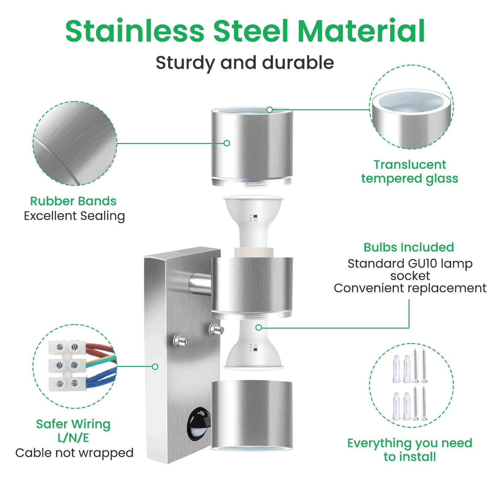 Up Down Wall Light with PIR Motion Sensor Stainless Steel IP65, 3000K/4000K/6000K, Silver - ALUSSO LIGHTING