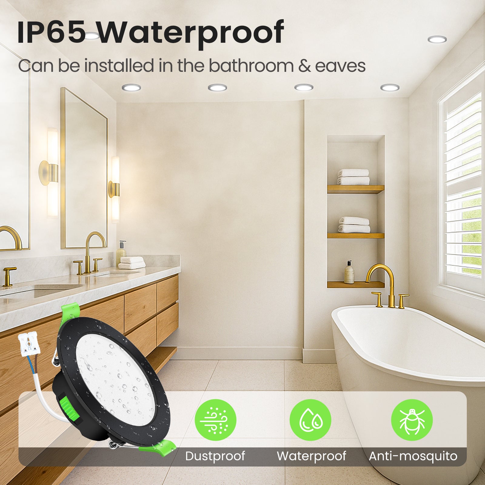 IP65 LED Downlight Cutout 67-75mm Dimmable CCT Ultra Slim, Black, 6 Pack