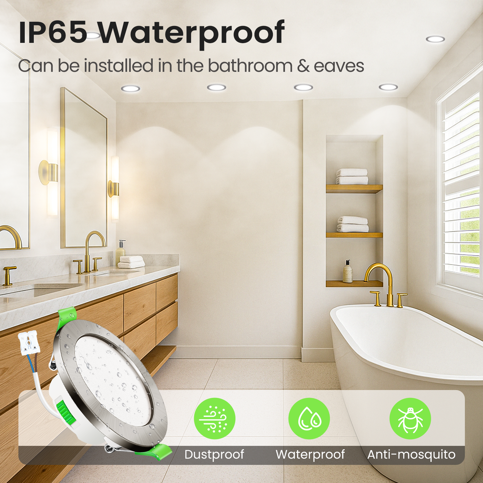 Nickel LED Recessed Lighting 7W IP65 CCT Dimmable, 67-75mm Cutout Spotlights, 6 Pack