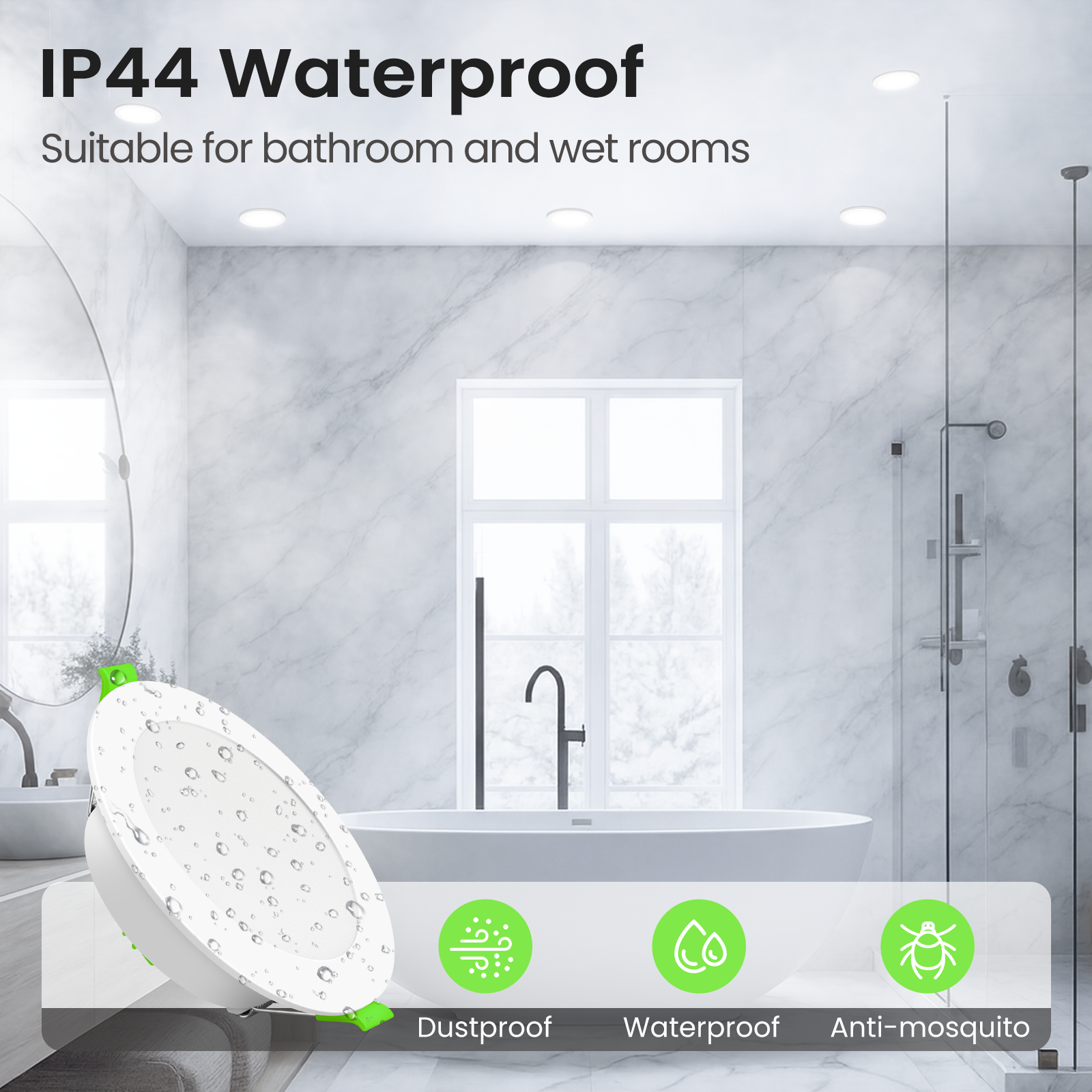 8W 10W 12W 90-130mm Recessed Led Ceiling Lights 1200lm High Bright, Tri-Color, Dimmable, IP44/IP65, 6 PACK