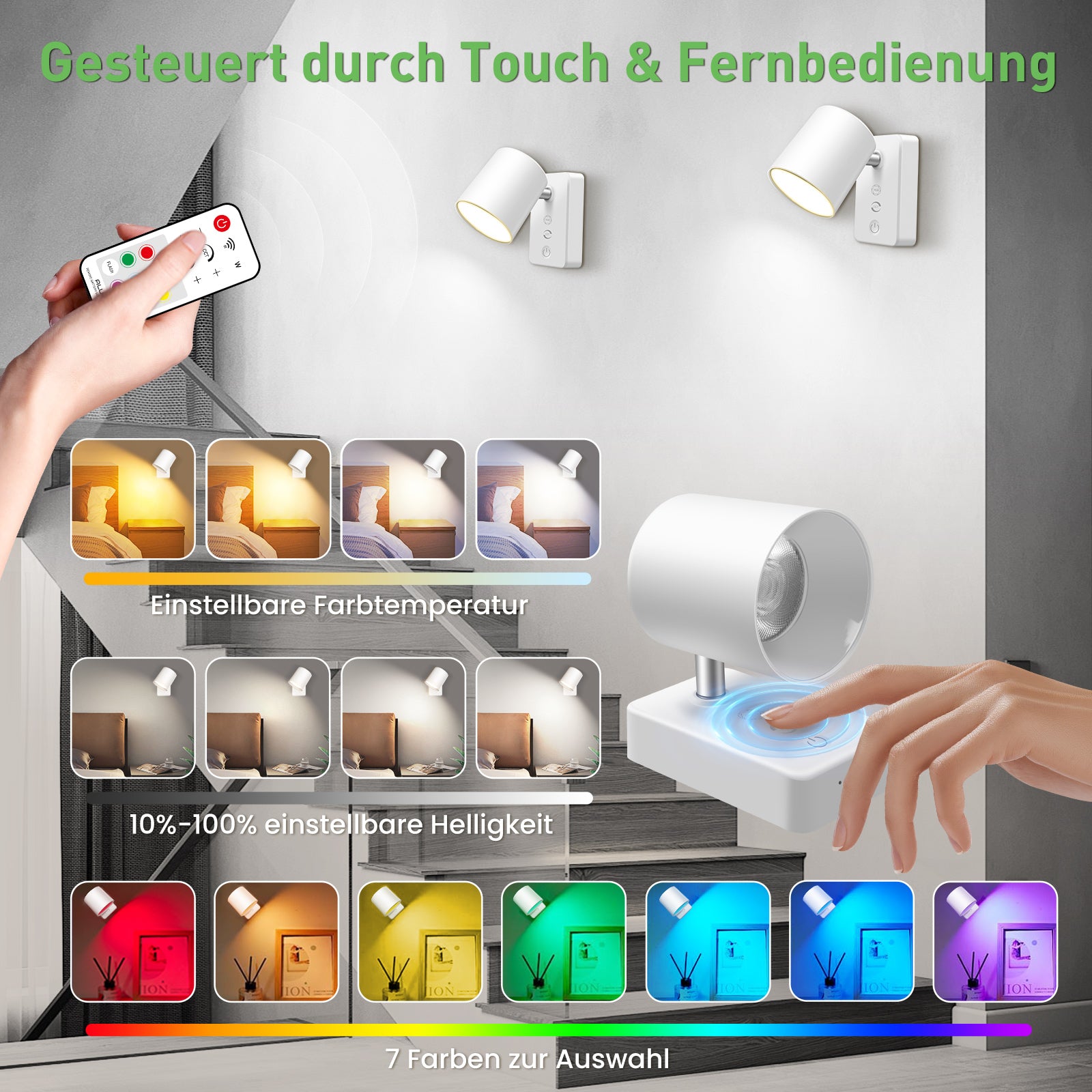Dimmable LED wall lamp RGBCW wall light Touch reading lamp Night light USB rechargeable
