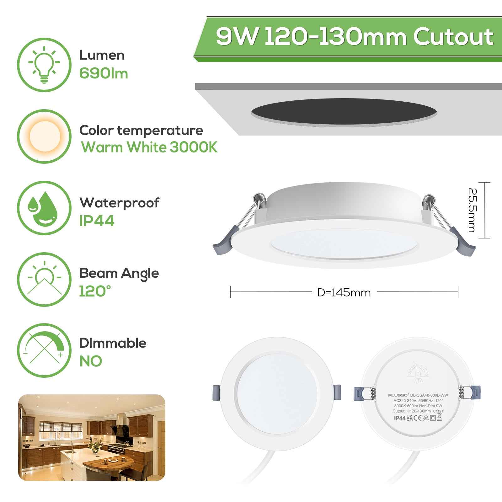9W Utral Slim LED Recessed Ceiling Lights Ø120-130mm Cutout, Warm White 3000K, IP44, 6PACK - ALUSSO LIGHTING