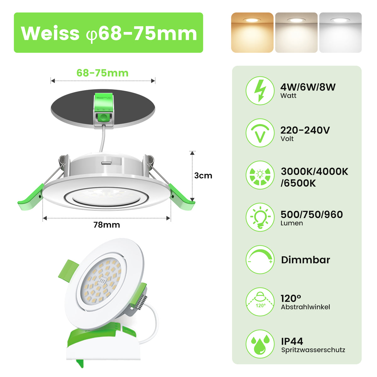 ALUSSO 3CCT LED Einbaustrahler 230V Dimmbar 4W/6W/8W IP44, Loch 68-75MM, 6er Set