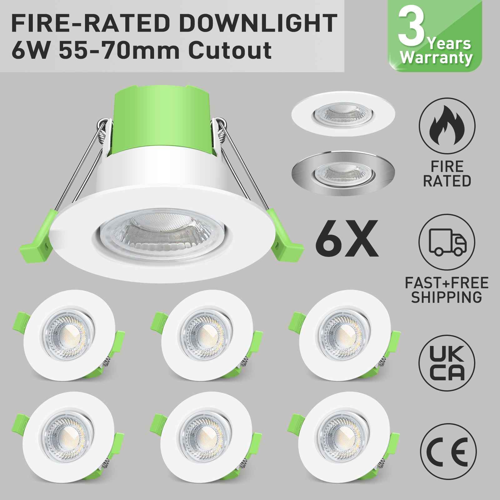 Recessed LED Ceiling Light Fire Rated Spotlight IP65 Dimmable Downlights 6W - ALUSSO LIGHTING