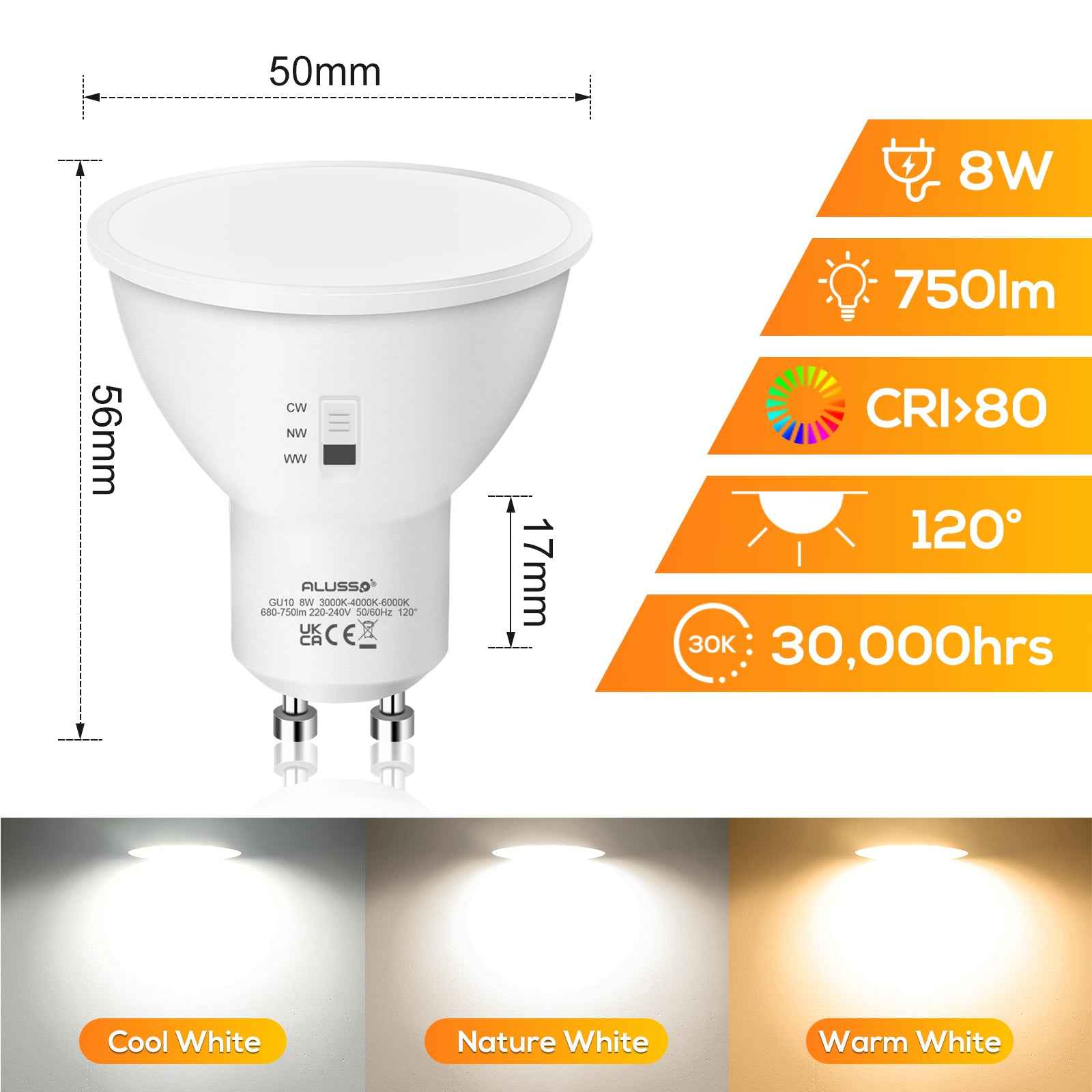 GU10/E27 LED Spotlight Bulb 8W/10W CCT 3000K/4000K/6500K, 120°/240° Beam Angle, 10 Pack - ALUSSO LIGHTING