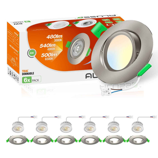 6W ∅75-78mm Swiveling Nickel Recessed Led Ceiling Lights Tilt Angle, Tri-Color, Dimmable, 60°/120° Variable Beam Angle, IP20, 6 PACK - ALUSSO LIGHTING