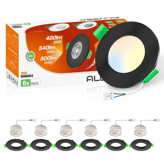 6W ∅68-75mm Black Recessed Led Ceiling Lights Flach 60°/120° Variable Beam Angle, Tri-Color, Dimmable, IP44, 6 PACK - ALUSSO LIGHTING