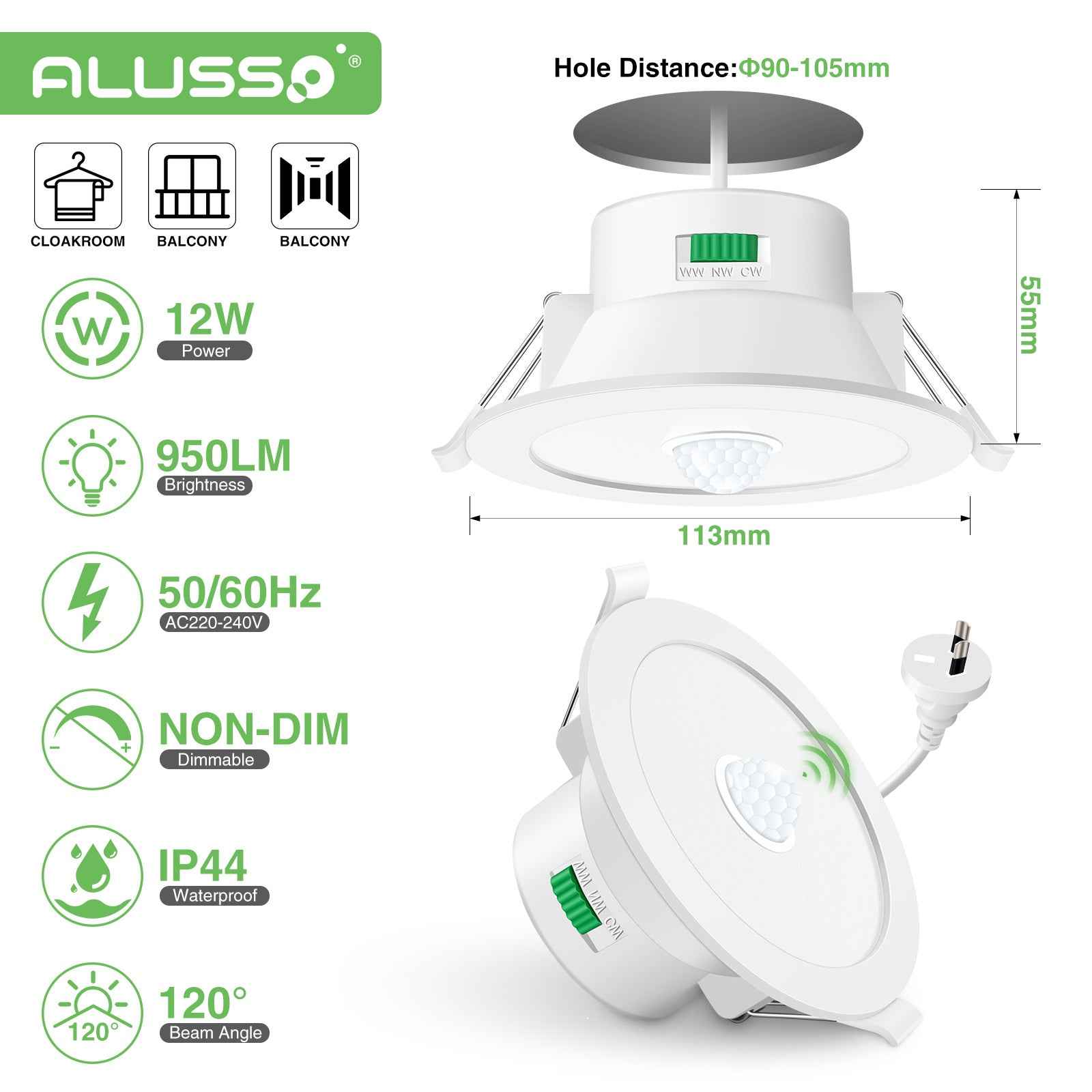 12W LED Motion Sensor Downlight 90-105mm Cutout, 1 Pack - ALUSSO LIGHTING