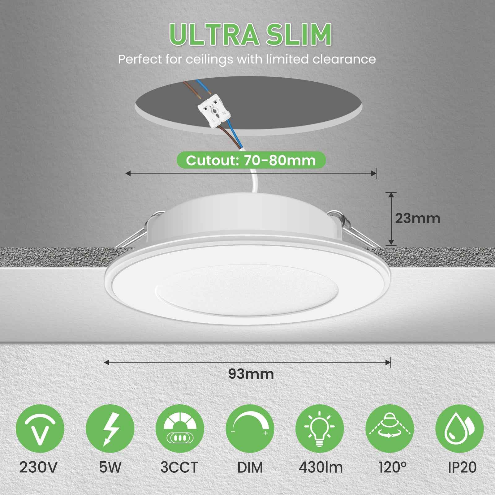 5W LED Recessed Spotlight 70-80mm Night Light 430lm Dimmable 3CCT White Indoor Lamp 6-Pack - ALUSSO LIGHTING