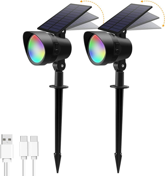 RGB LED Solar Landscape Spotlights Outdoor Wall Night Light, 19-LEDs, IP65, 2 Pack - ALUSSO LIGHTING