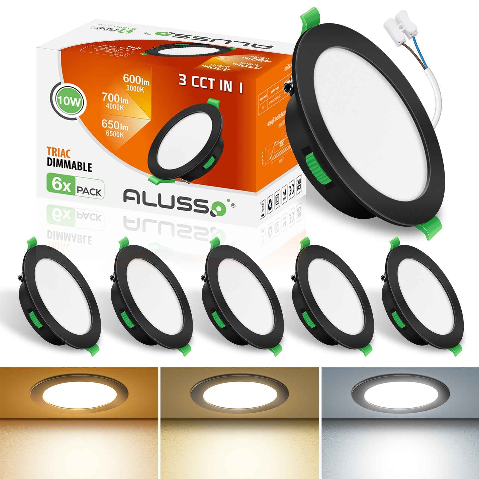 10W Black Recessed Spot Light Tri Color Dimmable IP44 Black,Cutout 120-135mm 6 Pack - ALUSSO LIGHTING