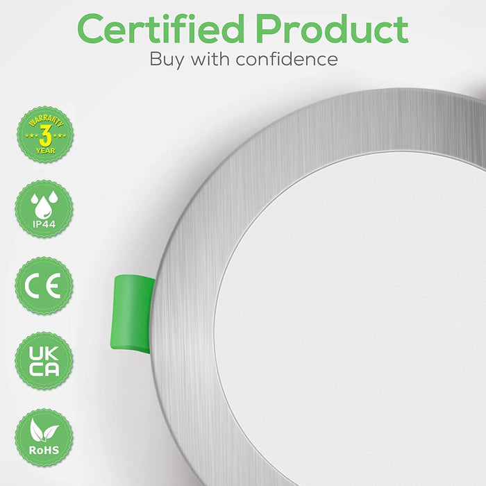 5W Nickel Ultra Slim LED Downlight 3CCT Dimmable IP44,Cutout 72-85mm 6 Pack
