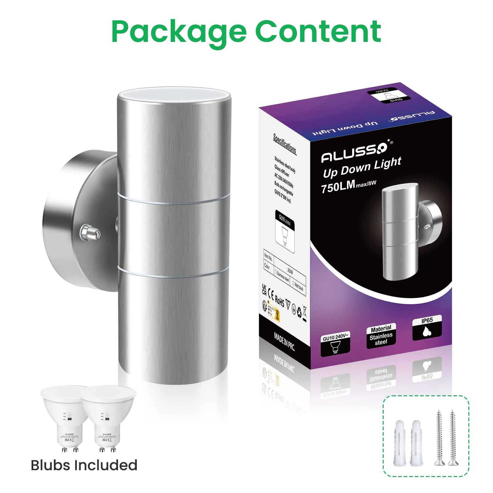 8W 750LM Outdoor Stainless Steel Up Down Wall Light IP65, 3000K/4000K/6000K, Silver - ALUSSO LIGHTING