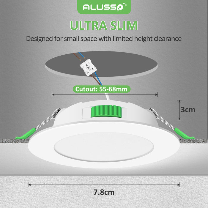 6 Pack Round 4W 55-68mm Cutout Ultra Slim LED Downlight 3CCT 3000K 4000K 6500K Dimmable IP44 White Frame