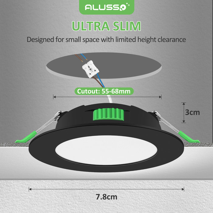 4W Black Recessed Spot Light Tri Color Dimmable IP44 Black,Cutout 55-68mm 6 Pack