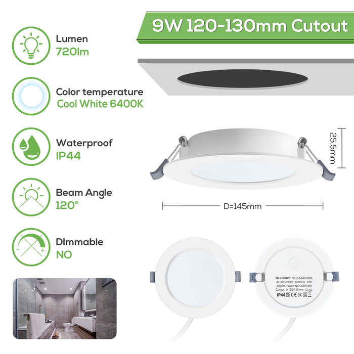 9W Utral Slim LED Recessed Ceiling Lights Ø120-130mm Cutout, Cool White 6400K, IP44, 6PACK