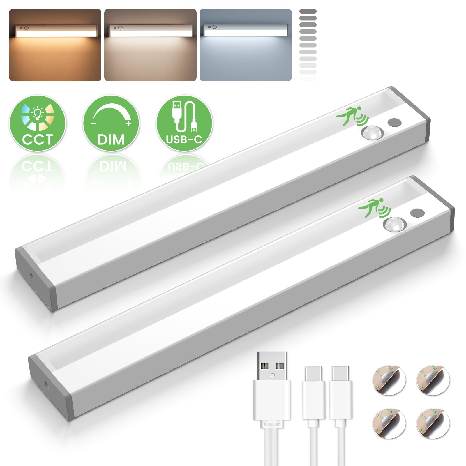ALUSSO LED Under Cabinet Lights with Motion Sensor, Brightness and Color Temperature Control (3000K/4000K/6500K), 30cm USB Rechargeable Night Light for Stairs, Bedroom, 2 Pack