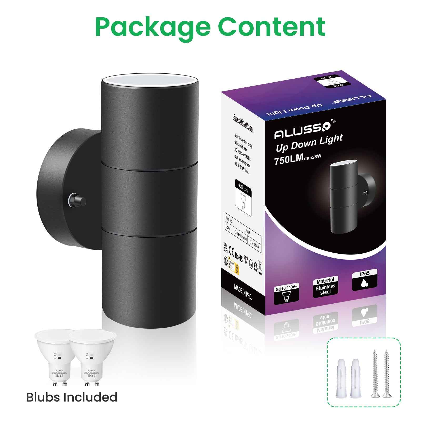 8W 750LM Outdoor Stainless Steel Up Down Wall Light IP65, 3000K/4000K/6000K, Black - ALUSSO LIGHTING