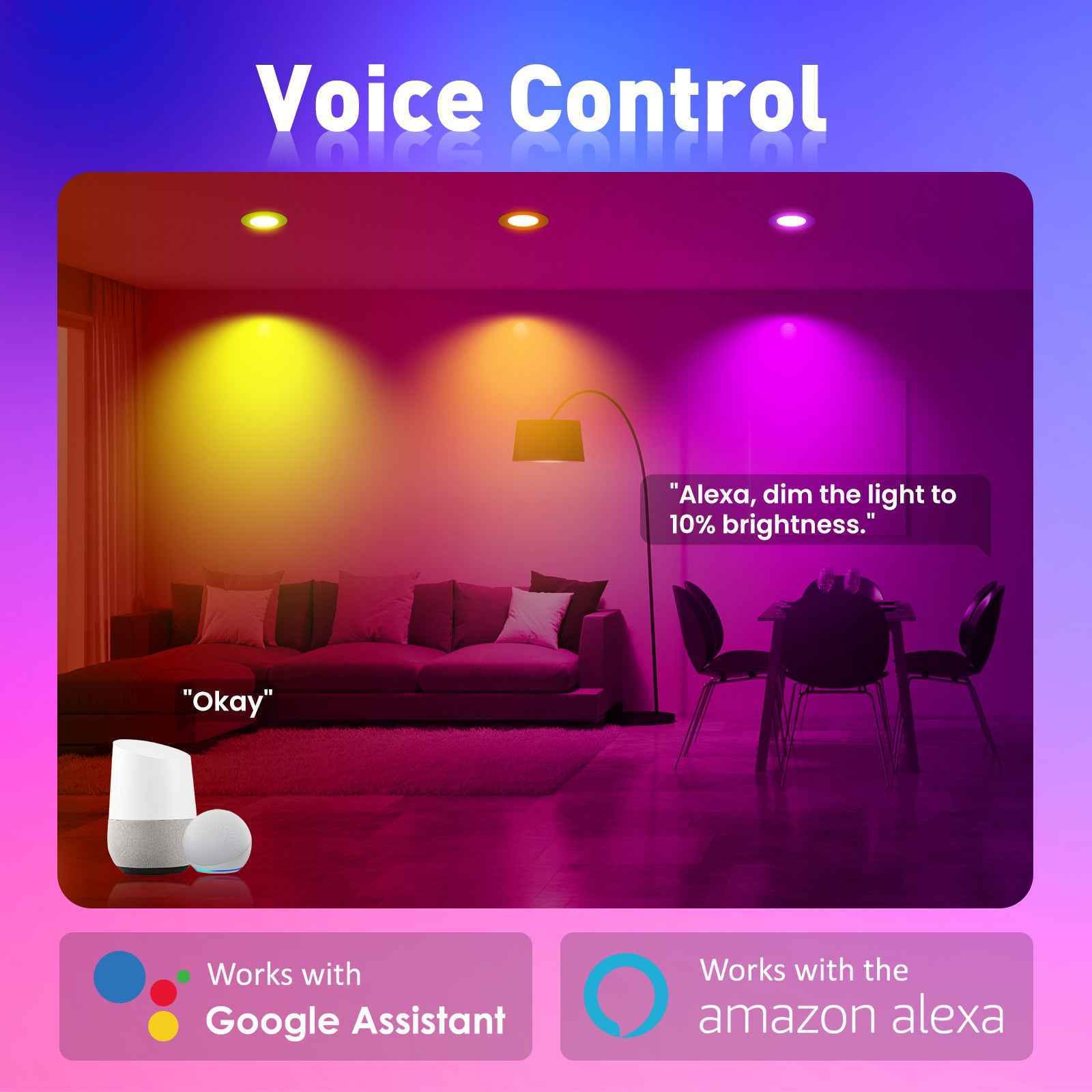 WIFI 6W Smart RGB LED Downlights, 68-75mm Cutout, White & Nickel Frame, 4 Pack, IP54