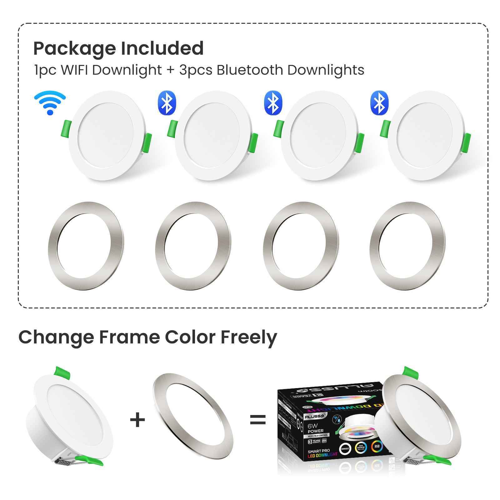 WIFI 6W Smart RGB LED Downlights, 68-75mm Cutout, White & Nickel Frame, 4 Pack, IP54