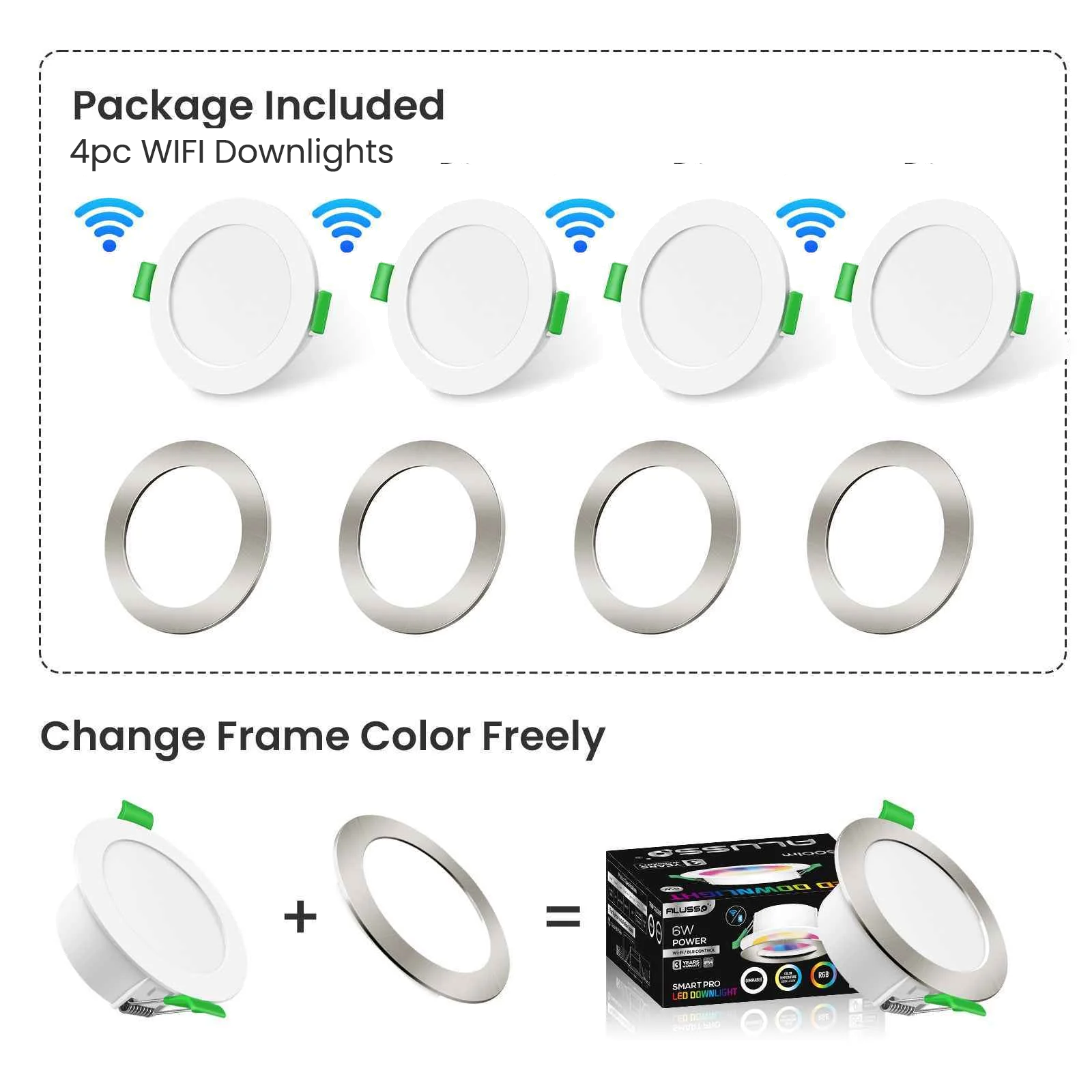 WIFI 6W Smart RGB LED Downlights, 68-75mm Cutout, White & Nickel Frame, 4 Pack, IP54