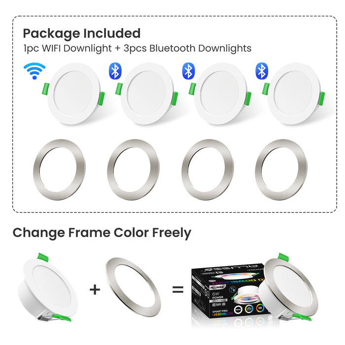 WIFI & Bluetooth 6W Smart RGB LED Downlights, 68-75mm Cutout, White & Nickel Frame, 4 Pack, IP54