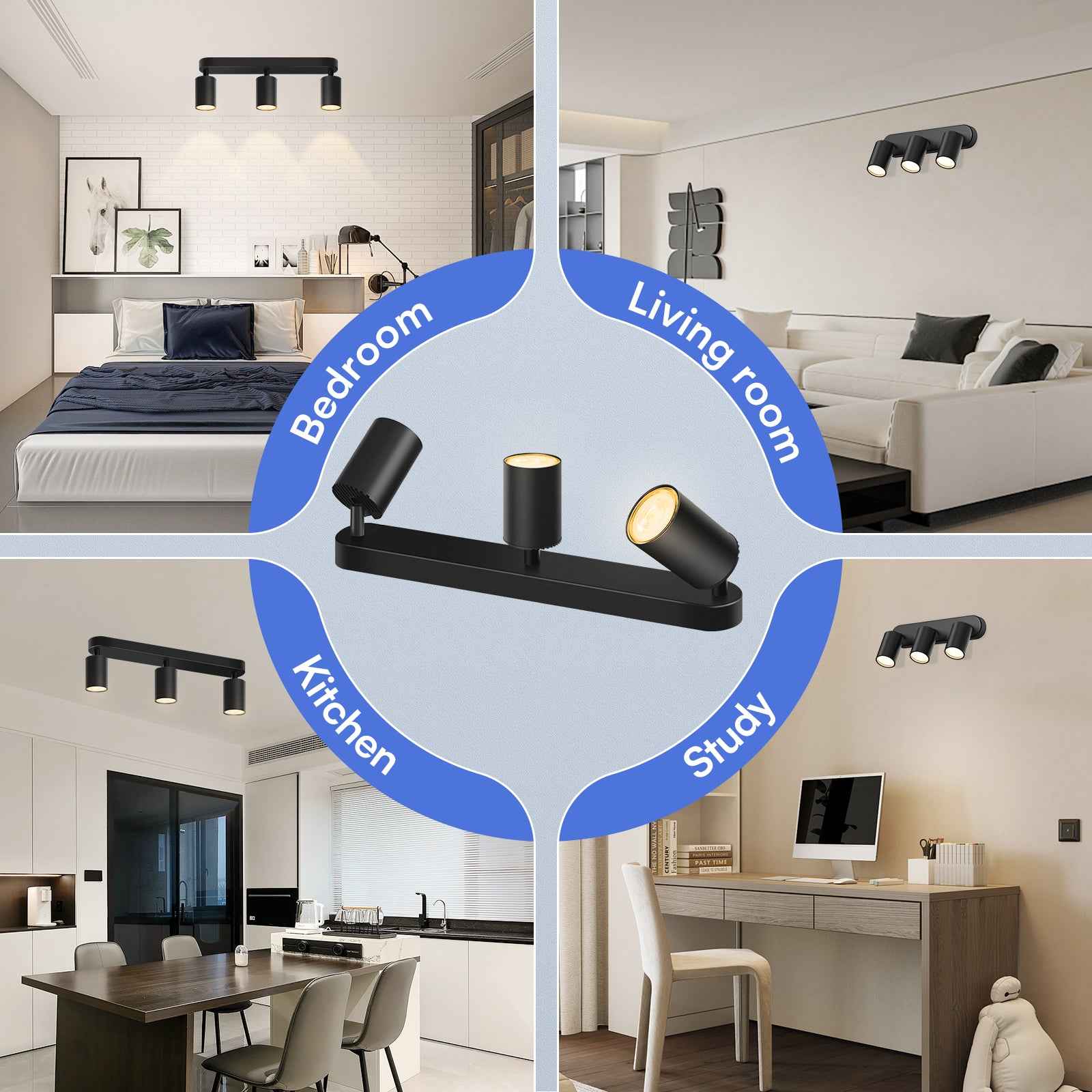 5W LED Spot Light 2-3 Heads Rotable GU10 2700K Swivelling Ceiling Track Fixture, Black - ALUSSO LIGHTING