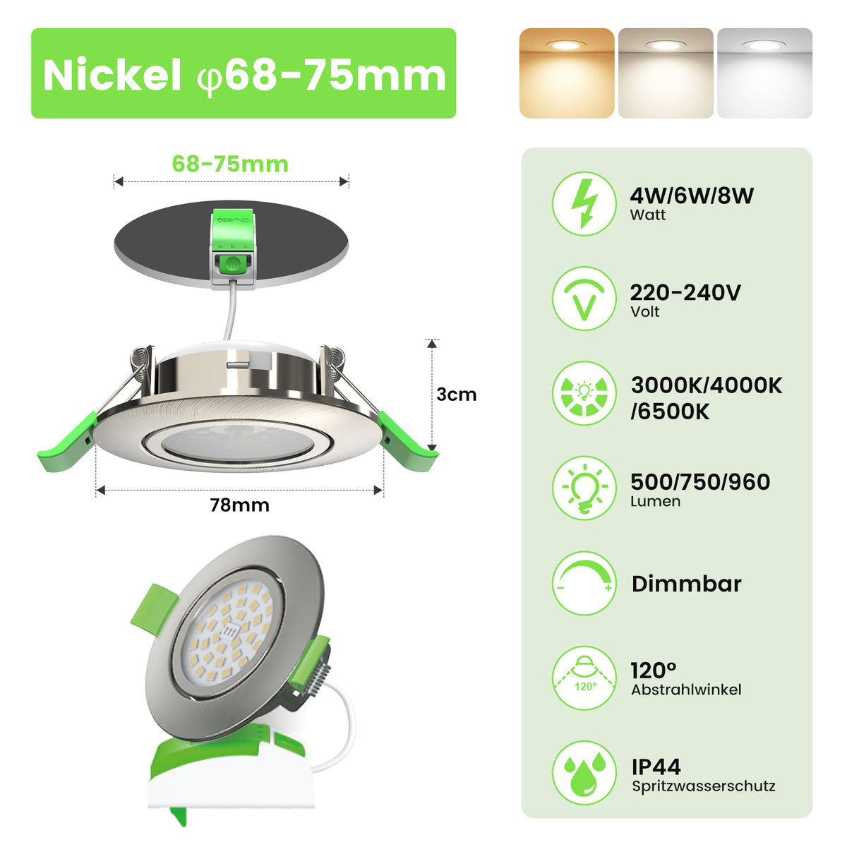 ALUSSO 3CCT LED Einbaustrahler 230V Dimmbar 4W/6W/8W IP44, Loch 68-75MM, 6er Set
