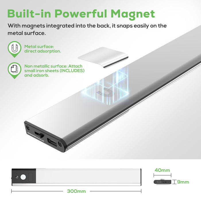 Wireless LED PIR Motion Sensor Cabinet Light, USB Rechargeable, 3 Modes, Dimmable, 3000K-4000K-6500K
