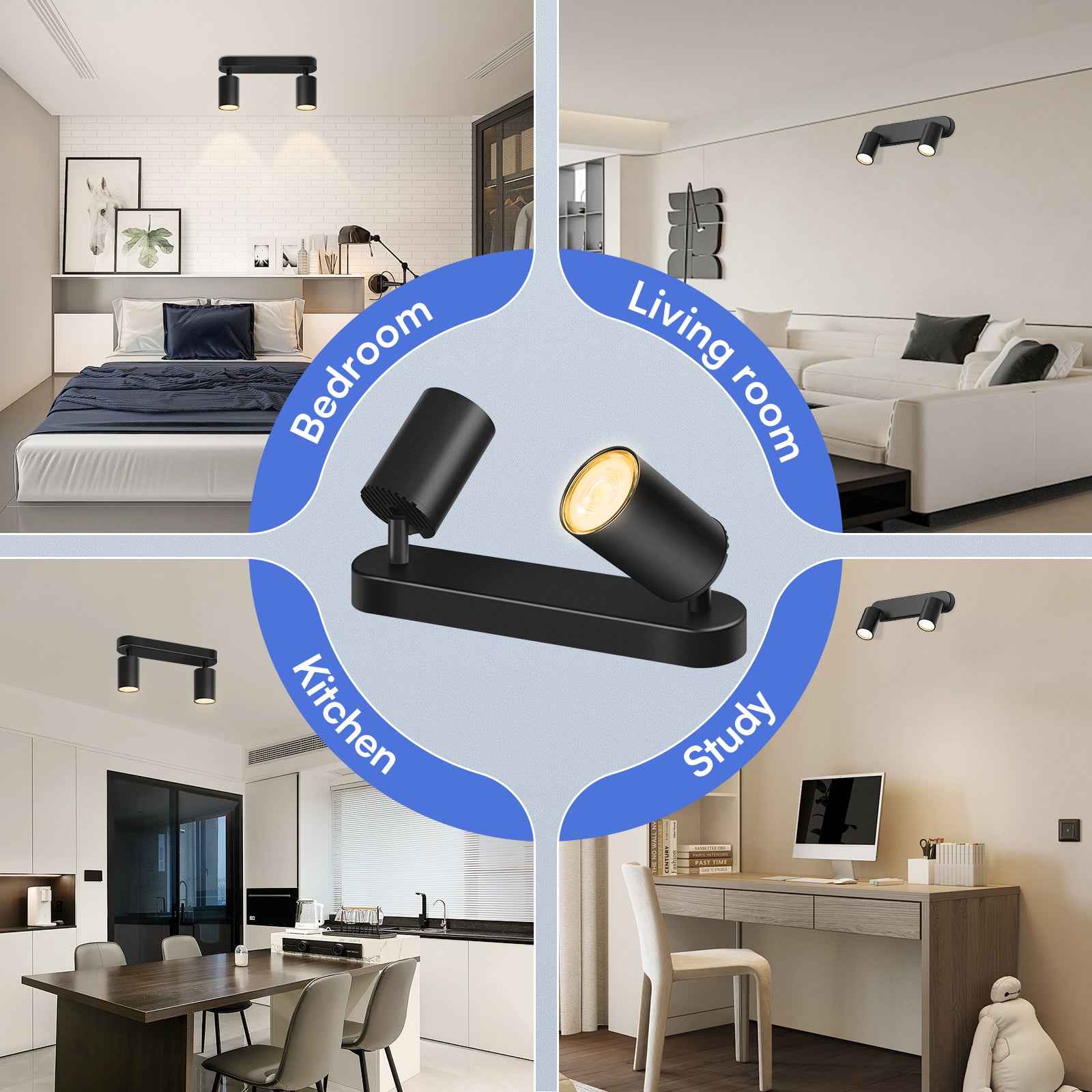 5W LED Spot Light 2-3 Heads Rotable GU10 2700K Swivelling Ceiling Track Fixture, Black - ALUSSO LIGHTING