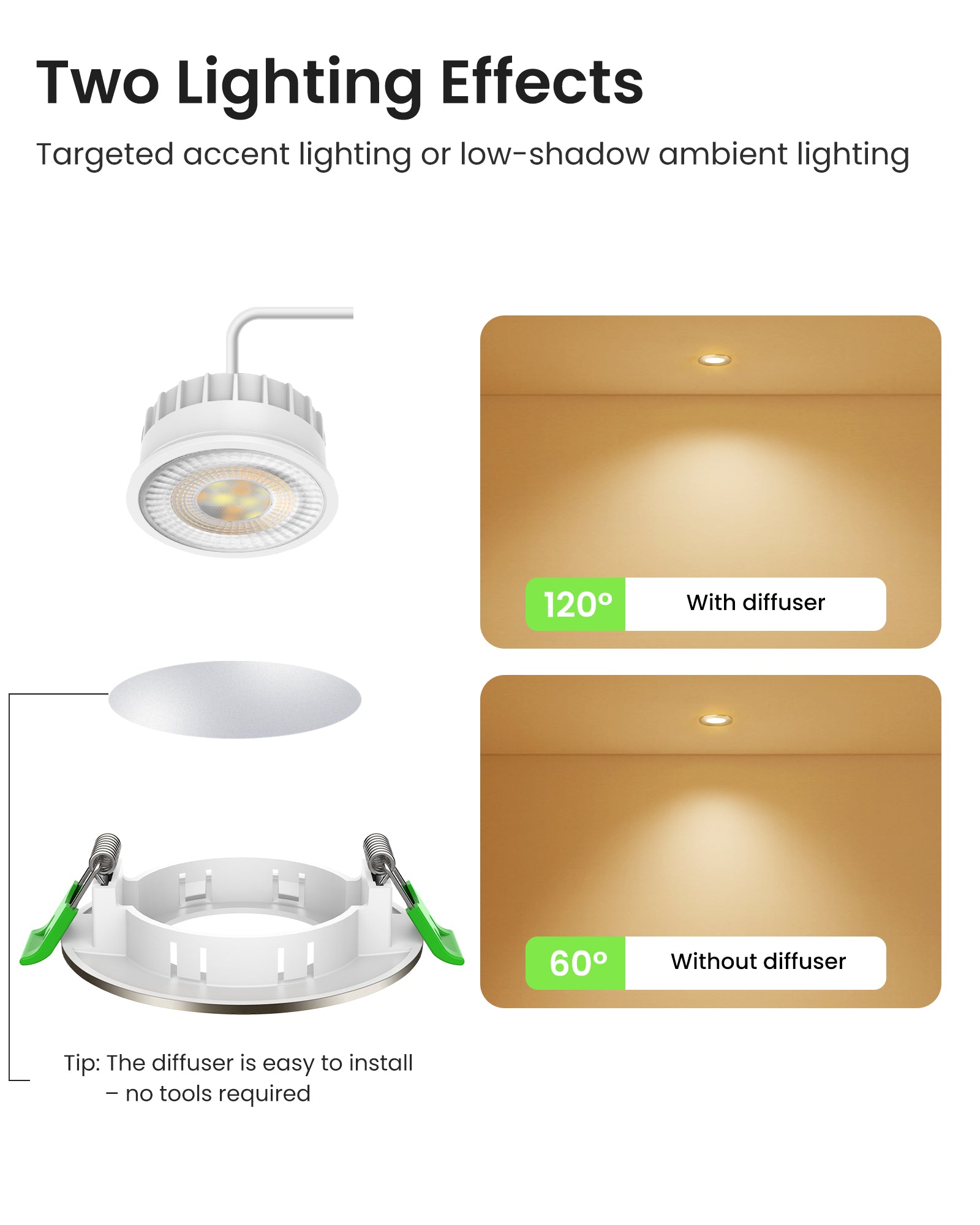6W ∅68-75mm Nickel Recessed Led Ceiling Lights Flach 60°/120° Variable Beam Angle, Tri-Color, Dimmable, IP44, 6 PACK