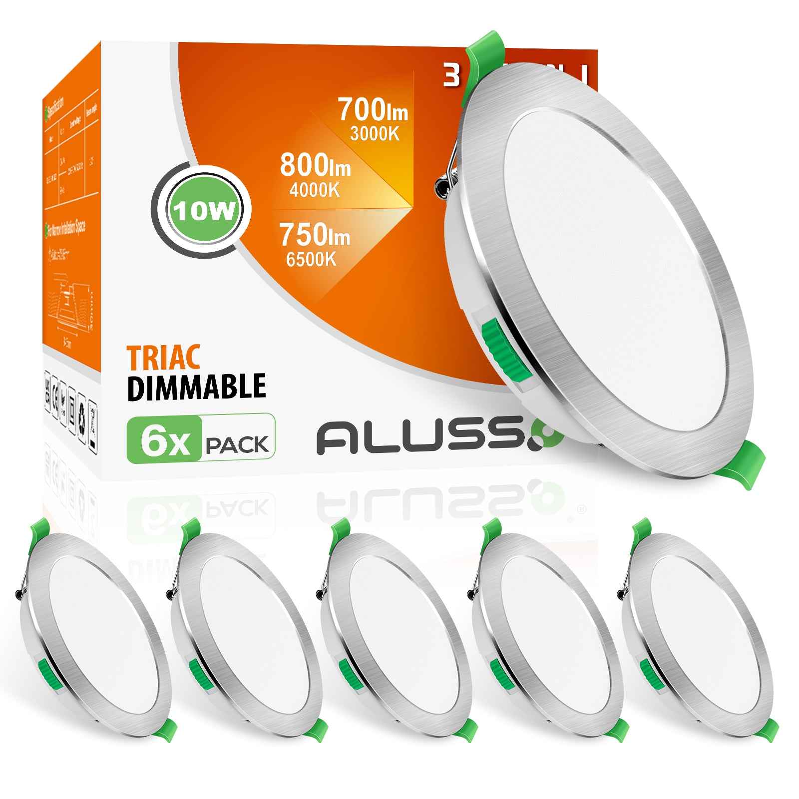 10W Nickel Ultra Slim LED Downlight CCT Dimmable IP44,Cutout 120-135mm 6 Pack - ALUSSO LIGHTING