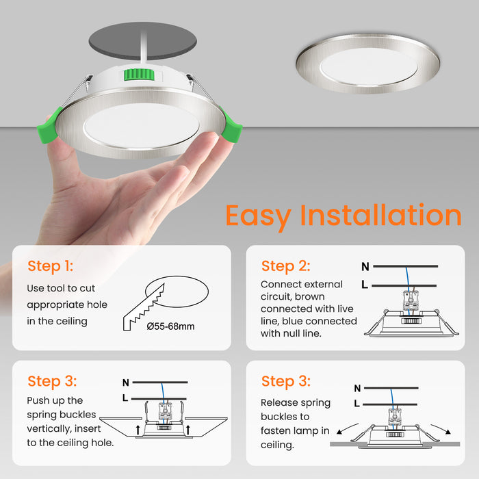 6 Pack 4W 55-68mm Cutout Nickel Ultra Slim LED Downlight 3CCT Dimmable IP44