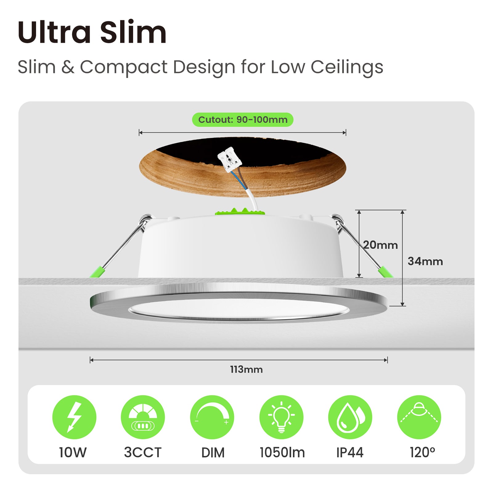 8W 10W 12W 90-130mm Recessed Led Ceiling Lights 1200lm High Bright, Tri-Color, Dimmable, IP44/IP65, 6 PACK