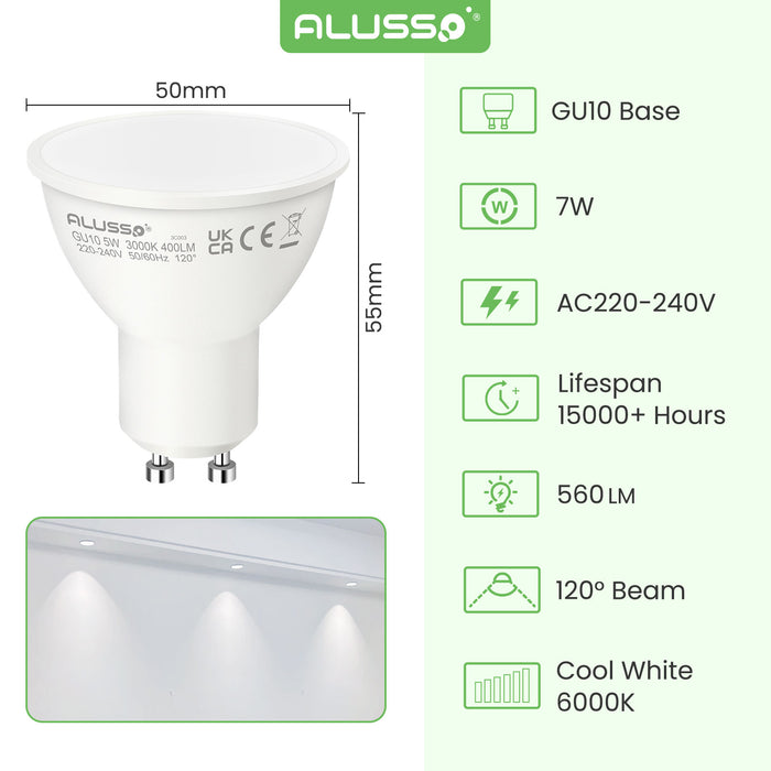 5W 7W GU10 LED Spotlight Bulb 3000K 6000K 120 Beam Angle 4 10 Pack ALUSSO LIGHTING