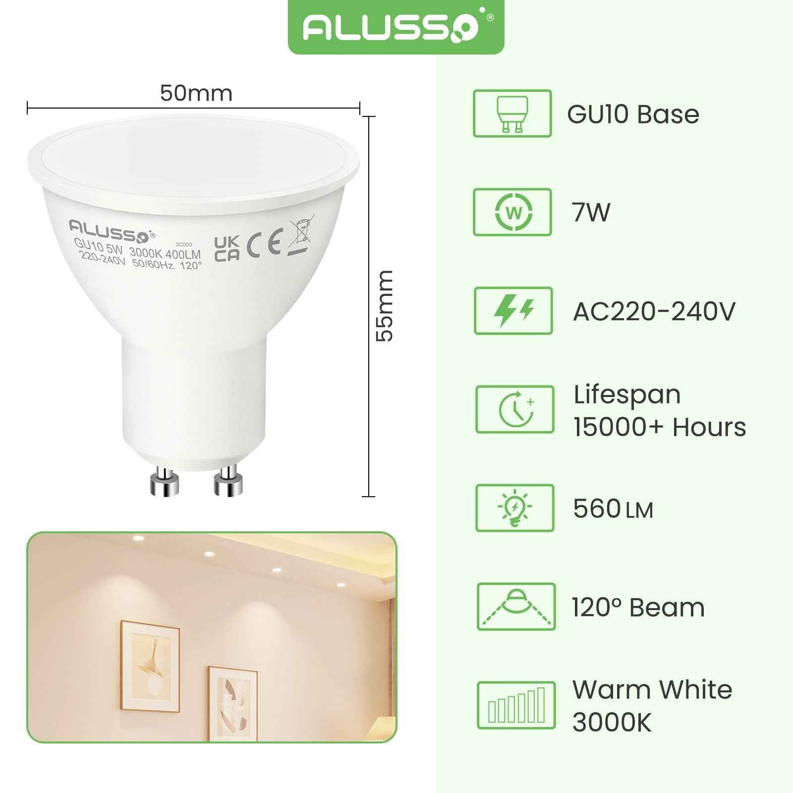 5W 7W GU10 LED Spotlight Bulb 3000K/6000K, 120° Beam Angle, 4/10 Pack - ALUSSO LIGHTING