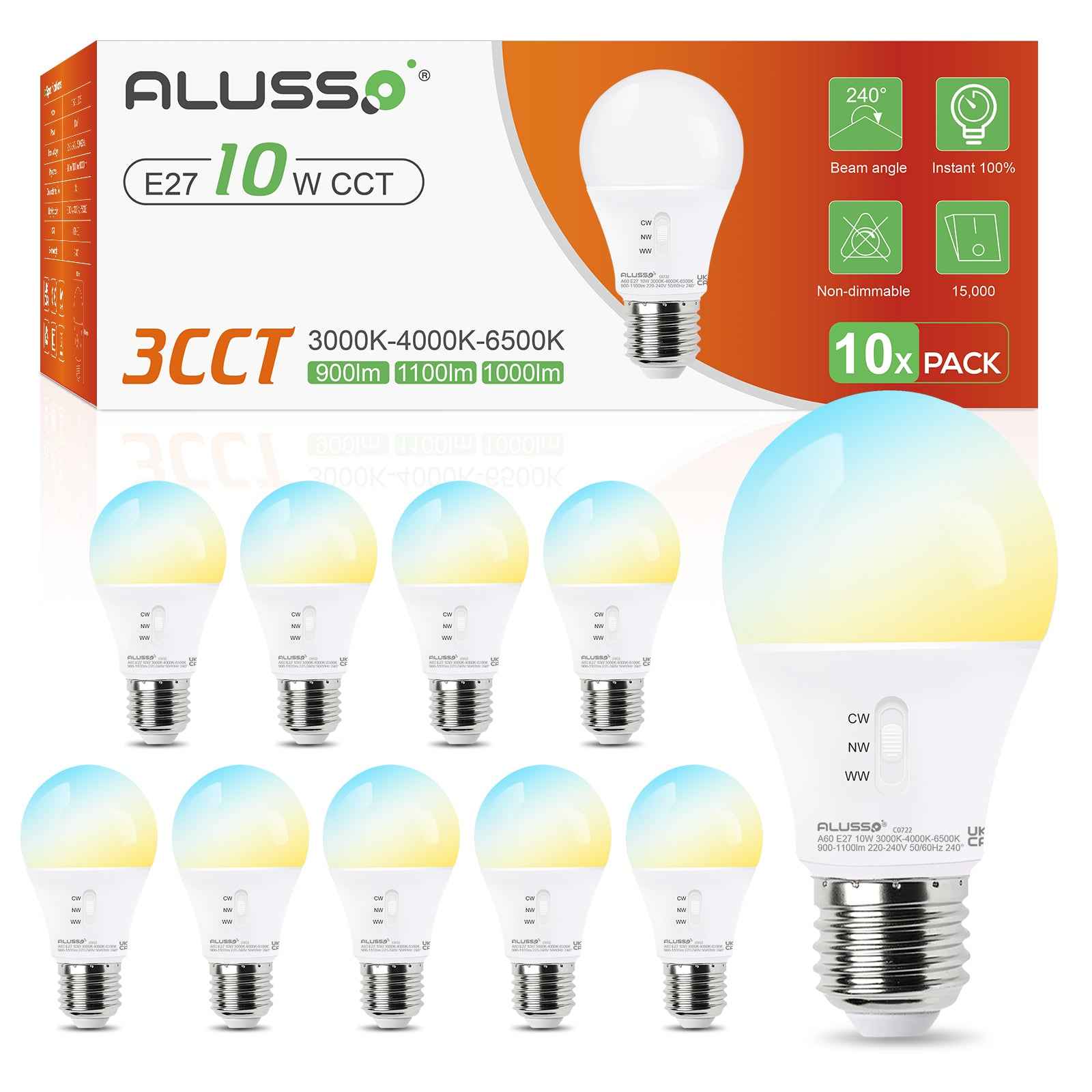 GU10/E27 LED Spotlight Bulb 8W/10W CCT 3000K/4000K/6500K, 120°/240° Beam Angle, 10 Pack - ALUSSO LIGHTING