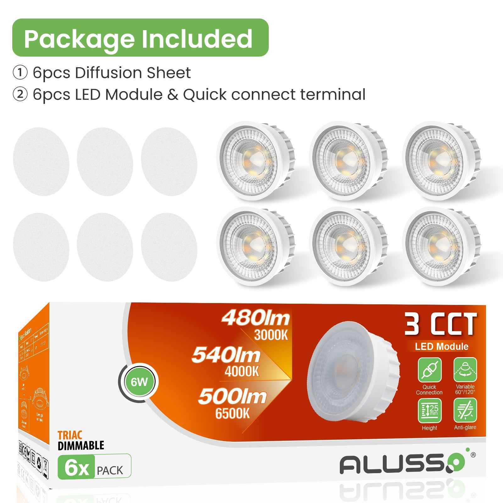 6W ∅50mm LED Module Replacement for GU10 MR16, Tri-Color, Dimmable, 60°/120° Beam Angle, IP44, 6 PACK - ALUSSO LIGHTING