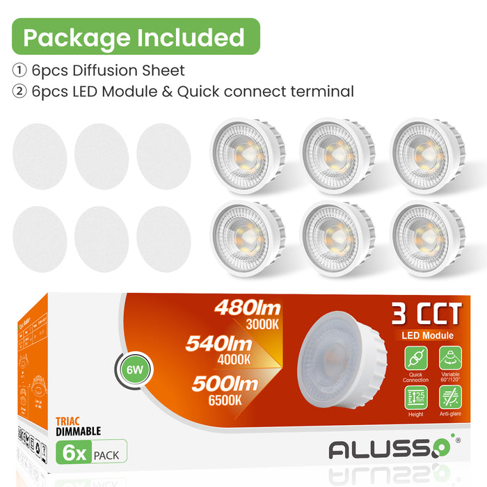 6W ∅50mm LED Module Replacement for GU10 MR16, Tri-Color, Dimmable, 60°/120° Beam Angle, IP44, 6 PACK