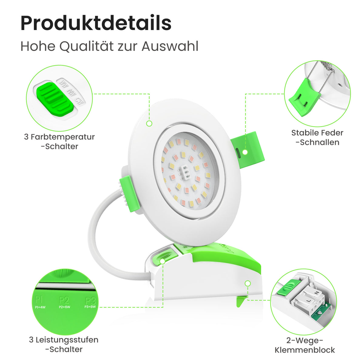 ALUSSO 3CCT LED Einbaustrahler 230V Dimmbar 4W/6W/8W IP44, Loch 68-75MM, 6er Set