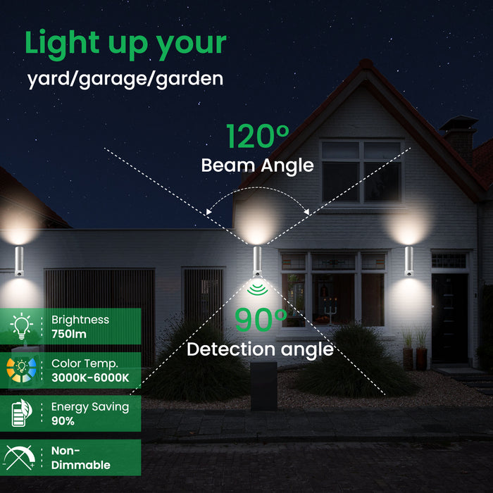 Up Down Wall Light with PIR Motion Sensor Stainless Steel IP65, 3000K/4000K/6000K, Silver